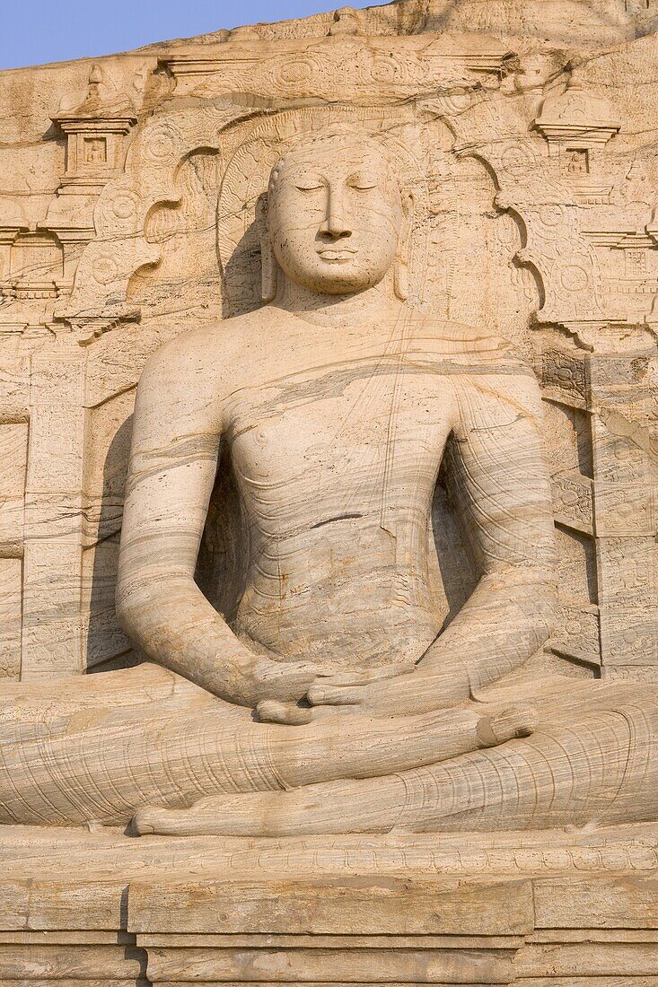 Rock carved granite image of the seated Buddha, Gal Vihara, Polonnaruwa (Polonnaruva), UNESCO World Heritage Site, Sri Lanka, Asia