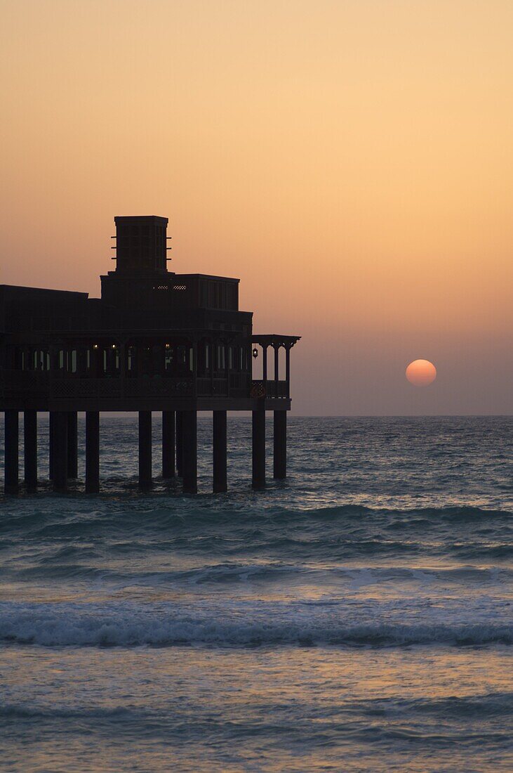 Pier at Madinat Jumeirah Hotel at sunset, Dubai, United Arab Emirates, Middle East