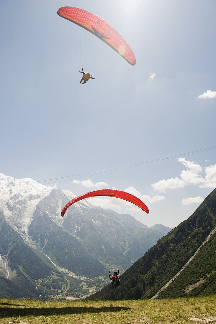 Parapenters taking off, Chamonix Valley, Rhone Alps, France, Europe