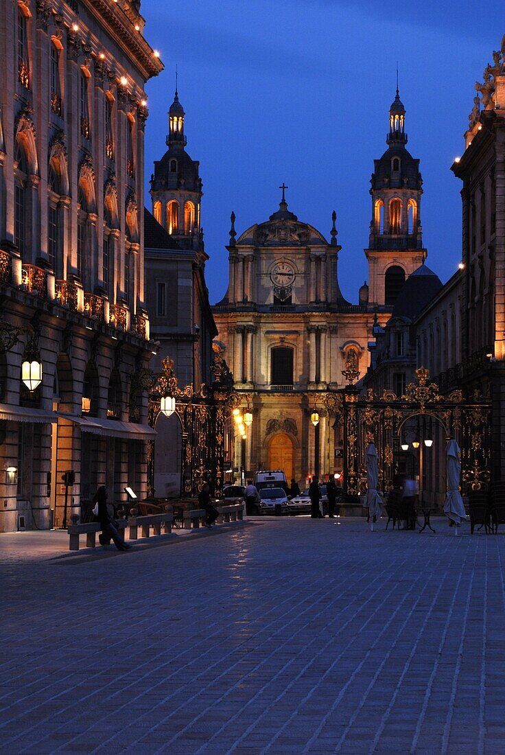 Evening floodlit view of the Cathedral, Place Stanislas, UNESCO World Heritage Site, Nancy, Lorraine, France, Europe