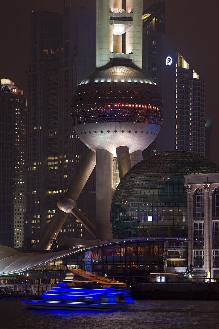 The Oriental Pearl Tower illuminated at night in the Lujiazui financial district of Pudong, Shanghai, China, Asia