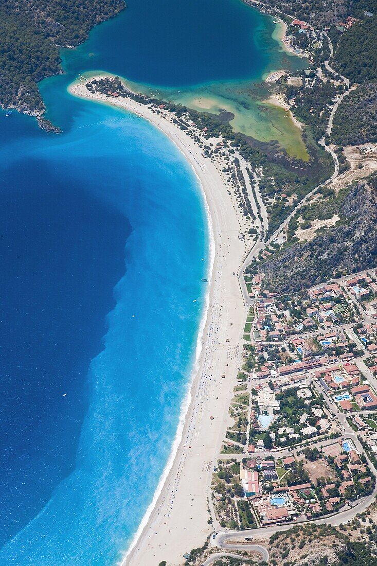 Aerial view of Blue Lagoon and Belcekiz Beach, Oludeniz, near Fethiye, Mediterranean Coast (Turquoise Coast), Anatolia, Turkey, Asia Minor, Eurasia