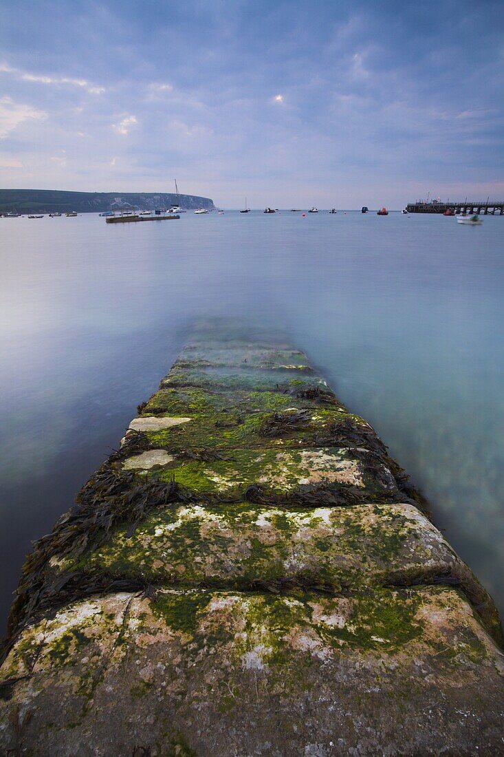 Stone jetty in Swanage Harbour, Swanage, Dorset, England, United Kingdom, Europe