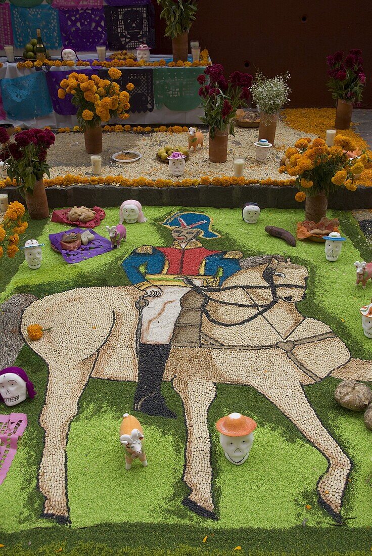 Image of Ignacio Allende, a revolutionary hero, part of decorations for the Day of the Dead festival, Plaza Principal, San Miguel de Allende, Guanajuato, Mexico, North America