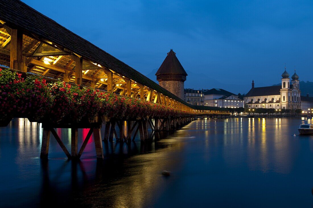 Chapel bridge at dusk, Lucerne, Switzerland, Europe