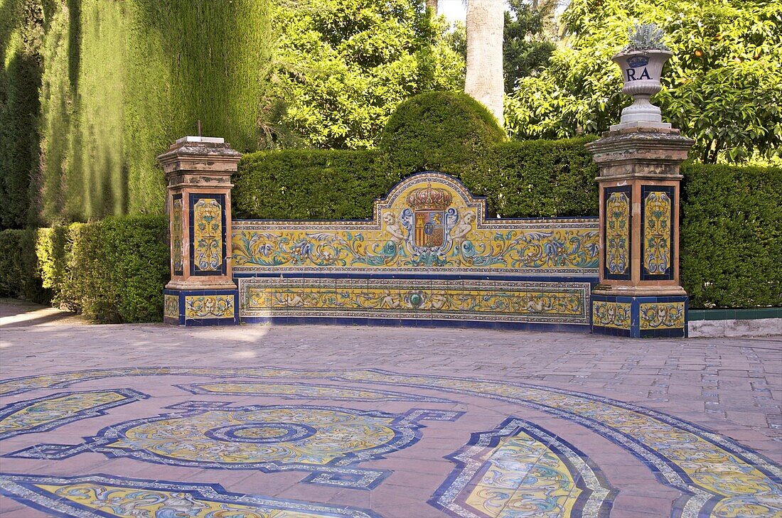 Ornamental gardens and pavings of Grotesque gallery in Reales Alcazares Gardens (Alcazar Palace Gardens), Seville, Andalusia, Spain, Europe