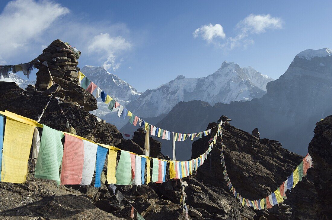 Prayer flags, view from Gokyo Ri, 5483m, Gokyo, Solu Khumbu Everest Region, Sagarmatha National Park, Himalayas, Nepal, Asia