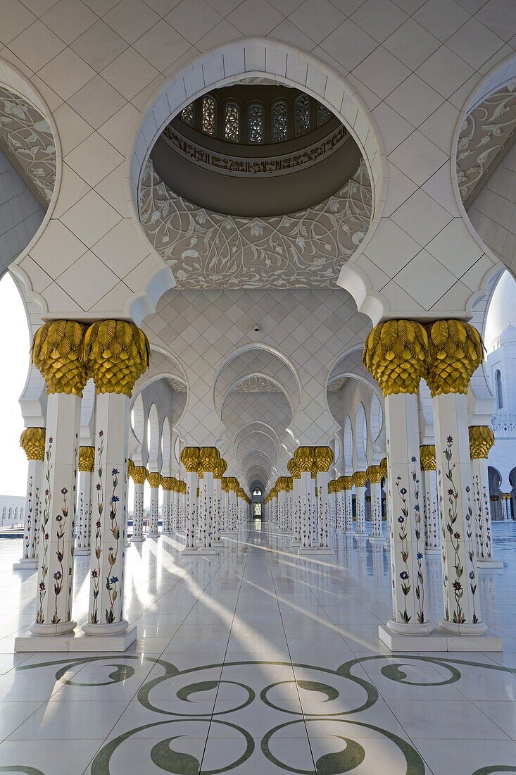 Gilded columns of Sheikh Zayed Bin Sultan Al Nahyan Mosque, Abu Dhabi, United Arab Emirates, Middle East