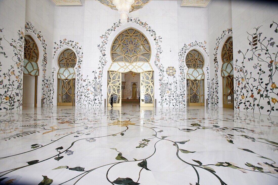 Thousands of semi-precious stones, inset in marble, decorate the Sheikh Zayed Grand Mosque, Abu Dhabi, United Arab Emirates, Middle East