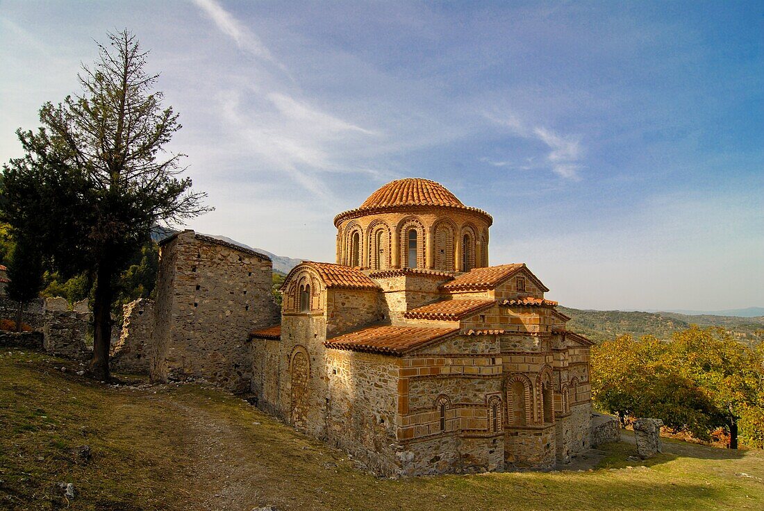 Rebuilt Orthodox church in Mystras, UNESCO World Heritage Site, Peloponnese, Greece, Europe