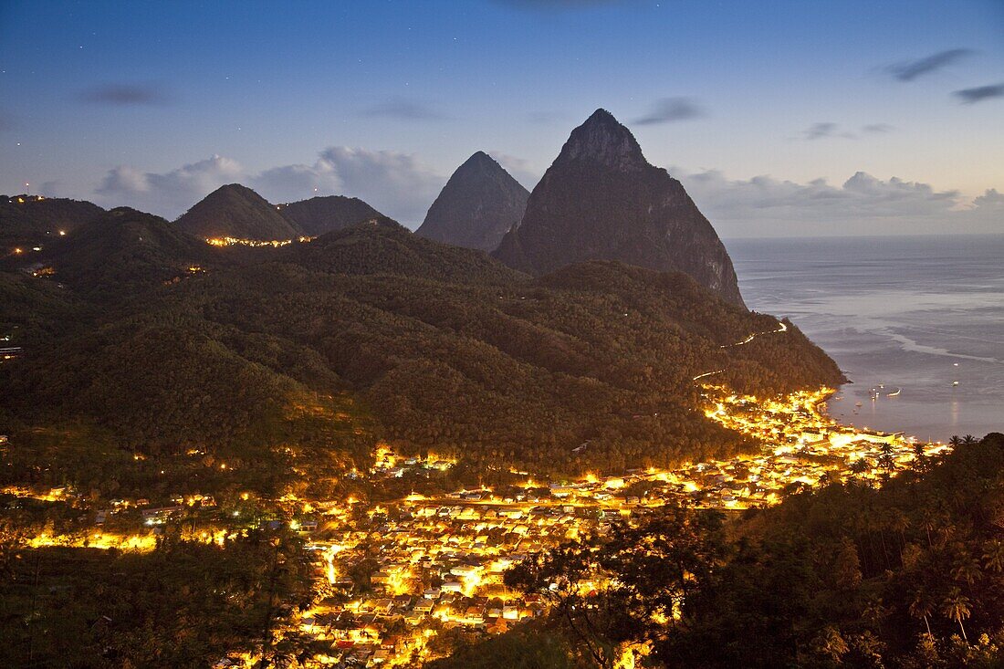 The Pitons and Soufriere at night, St. Lucia, Windward Islands, West Indies, Caribbean, Central America