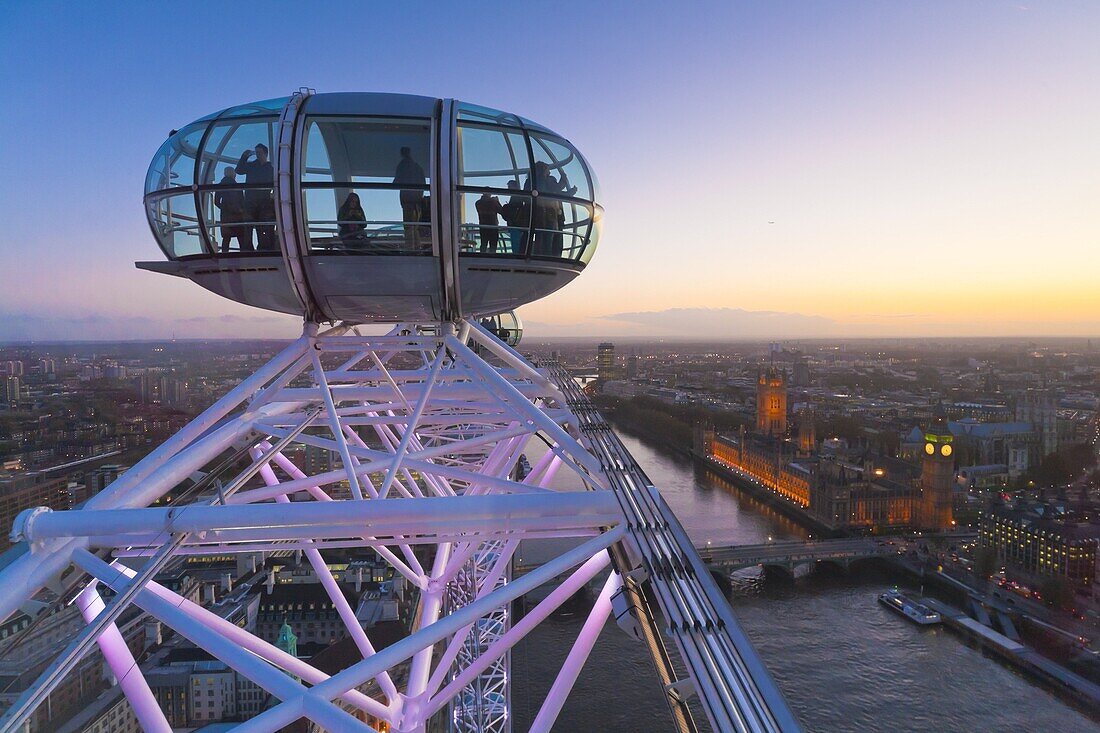 London skyline at twilight seen from the London Eye Observation Wheel, London, England, United Kingdom, Europe