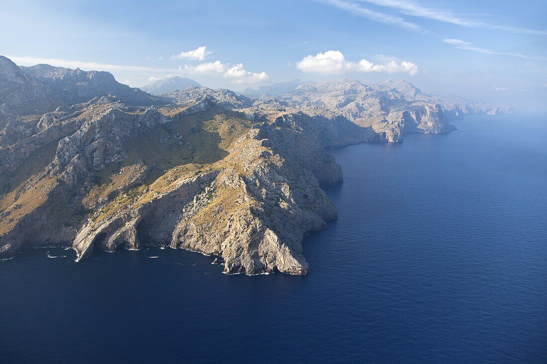 Aerial view of northern coastline of island in early morning summer, Majorca, Balearic Islands, Spain, Mediterranean, Europe