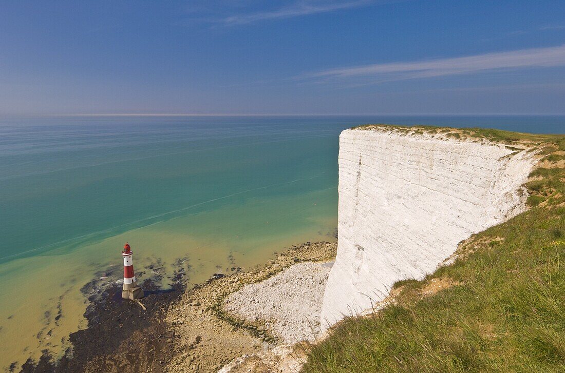 Beachy Head lighthouse, white chalk cliffs and English Channel, East Sussex, England, United Kingdom, Europe