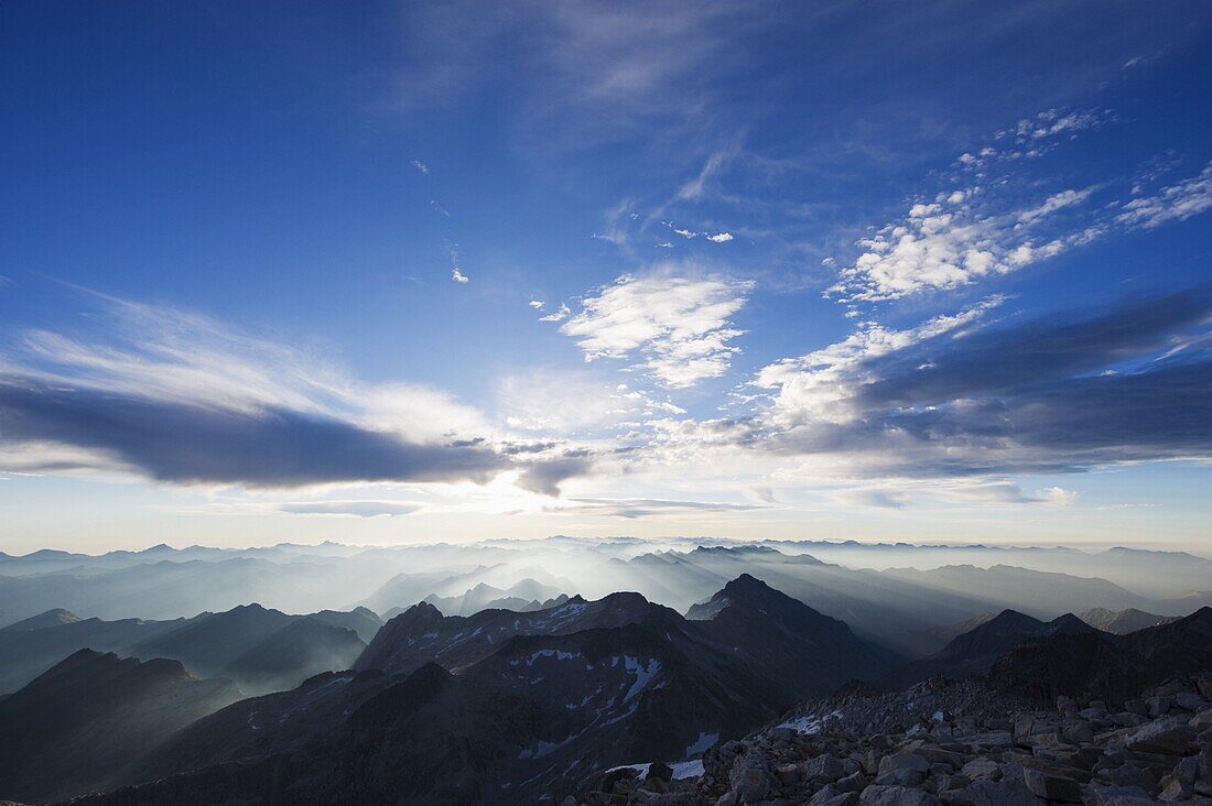 View at sunrise, view from Pico de Aneto, at 3404m the highest peak in the Pyrenees, Spain, Europe