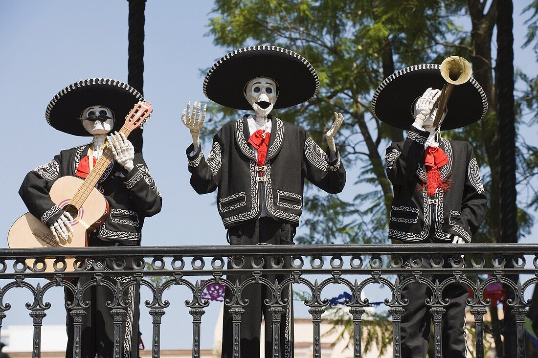 Skeleton figure decorations during Dia de Muertos (Day of the Dead), Morelia, Michoacan state, Mexico, North America