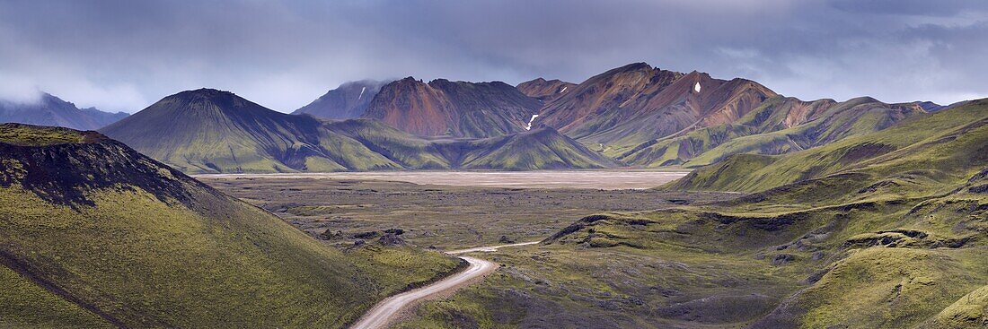 Jokulgilskvisl valley and slopes of Kylingaskard and Nordurbarmur mountains, Landmannalaugar area, Fjallabak region, Iceland, Polar Regions