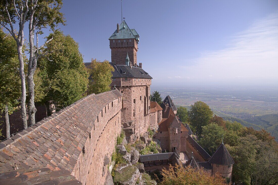 Haut-Koenigsbourg Castle, view of the exterior wall and keep overlooking the Alsace plain, from the grand bastion, Haut Rhin, Alsace, France, Europe
