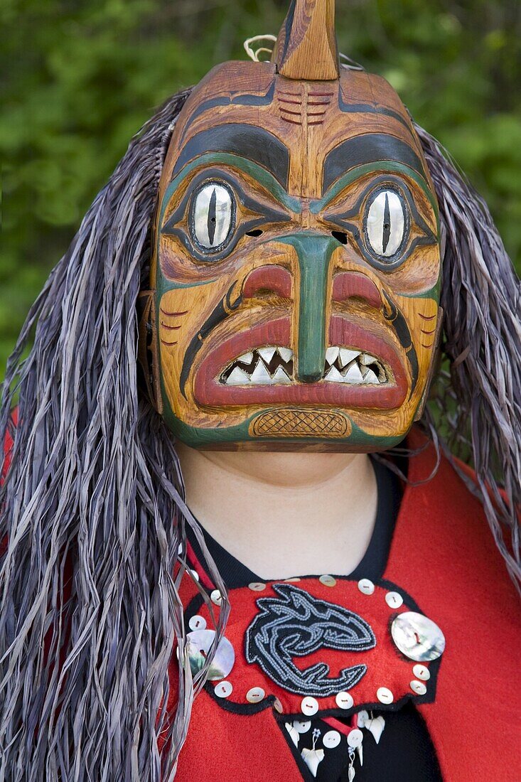 Tlingit Indian wearing face mask, Icy Strait Point Cultural Center, Hoonah City, Chichagof Island, Southeast Alaska, United States of America, North America