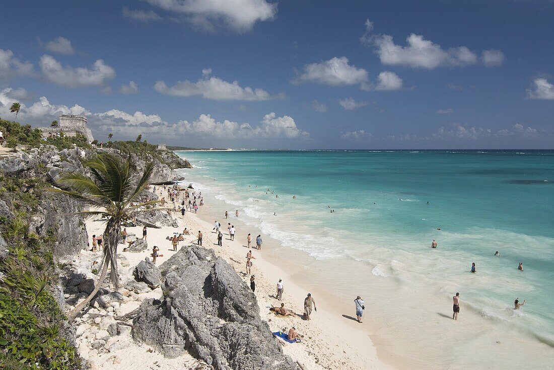 Tulum Beach, with El Castillo (the Castle) at the Mayan ruins of Tulum in the background, Quintana Roo, Mexico, North America
