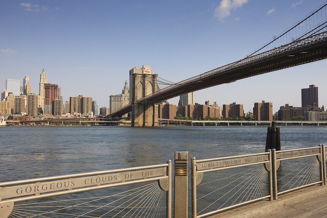 Brooklyn Bridge spanning the East River from Fulton Ferry Landing, Brooklyn, New York City, New York, United States of America, North America