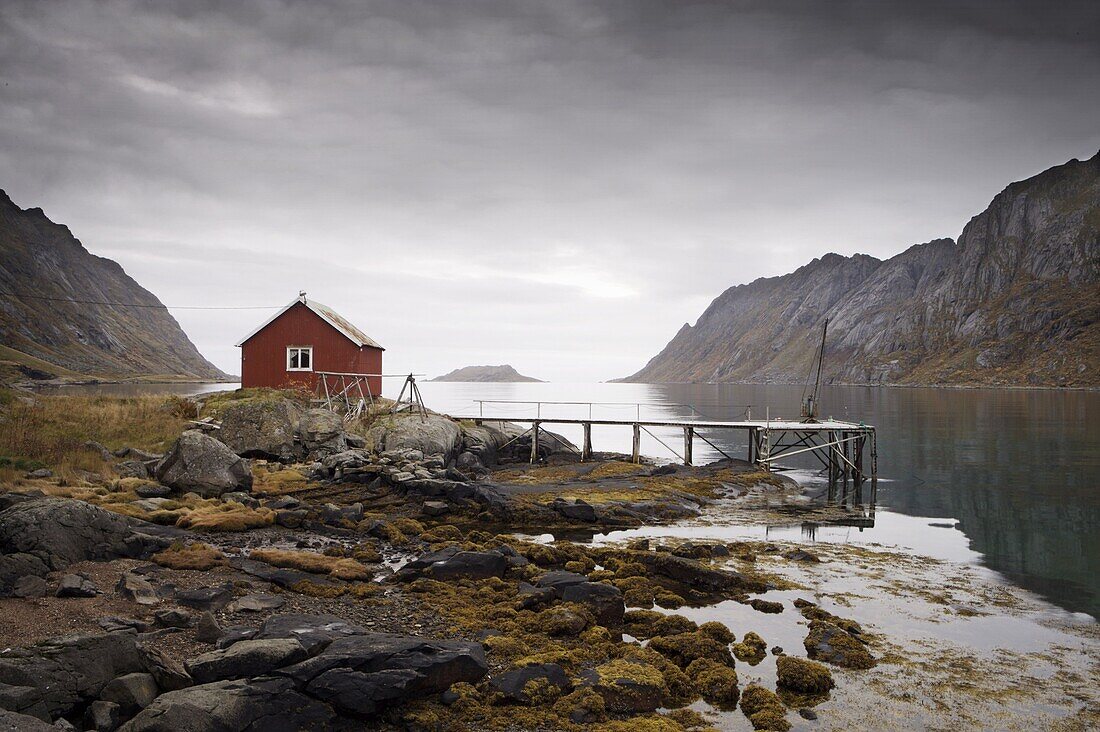 Rorbu (fisherman's hut) and jetty on fjord, Lofoten Islands, Norway, Scandinavia, Europe