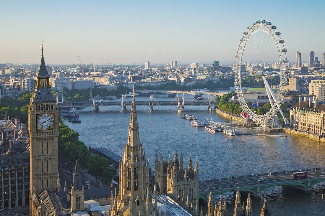Palace of Westminster, Big Ben, River Thames and London Eye, seen from Victoria Tower, London, England, United Kingdom, Europe
