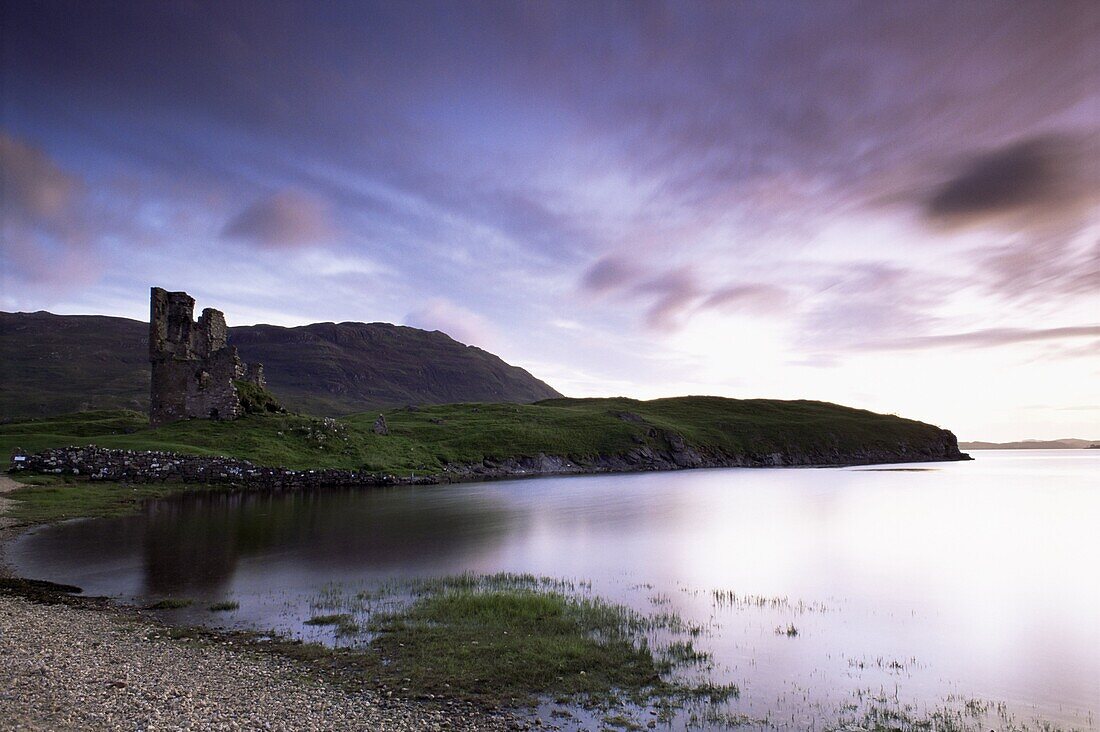 Ardwreck Castle and Loch Assynt, Highlands, Scotland, United Kingdom, Europe