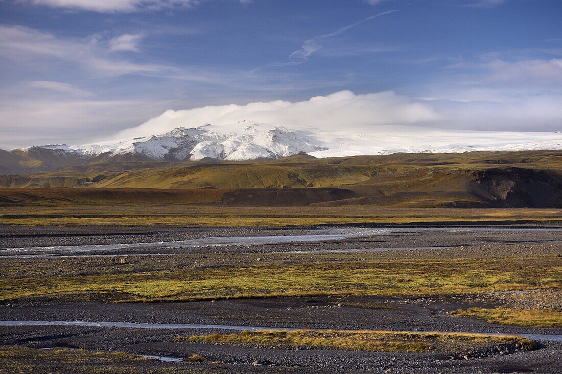 Glacial river valley, Myrdalsjokull glacier in the distance, near Vik, South Iceland, Iceland, Polar Regions