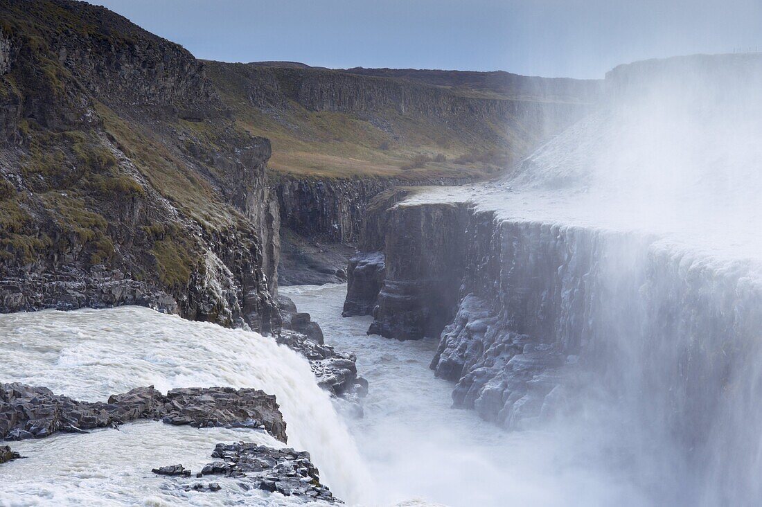 Gullfoss Waterfall (Golden Waterfall) in winter, Golden Circle tourism trail, Hvita River, Haukadalur, Iceland, Polar Regions