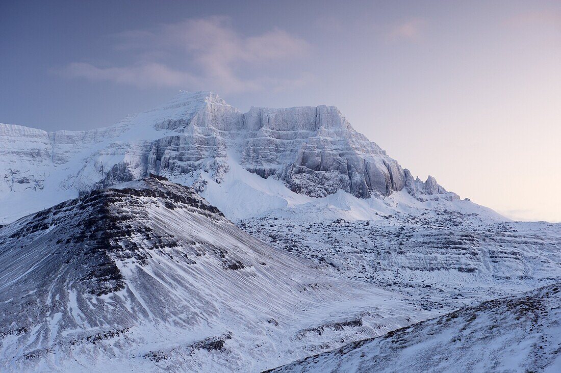 Mount Dyrfjoll (The Door Mountain), 1136m, seen from the west (Vatnsskard), Borgarfjordur Eystri fjord, East Fjords, Iceland, Polar Regions
