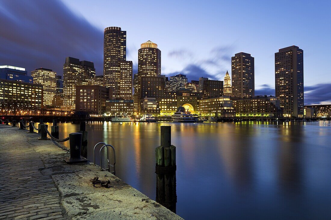 Skyline and inner harbour including Rowes Wharf at dawn,  Boston,  Massachusetts,  New England,  United States of America,  North America