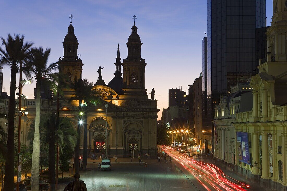 Elevated dusk view over Plaza de Armas to Santiago Cathedral,  Santiago,  Chile,  South America