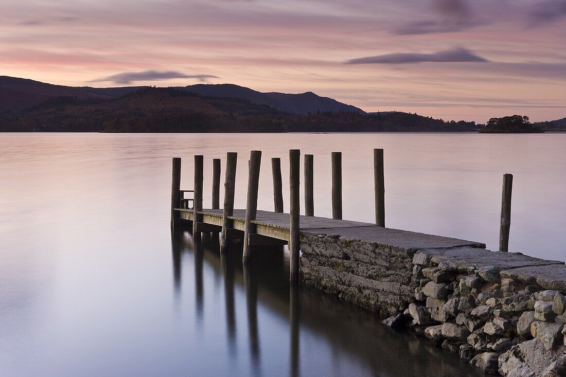 View along wooden jetty at Barrow Bay landing,  Derwent Water,  Lake District National Park,  Cumbria,  England,  United Kingdom,  Europe
