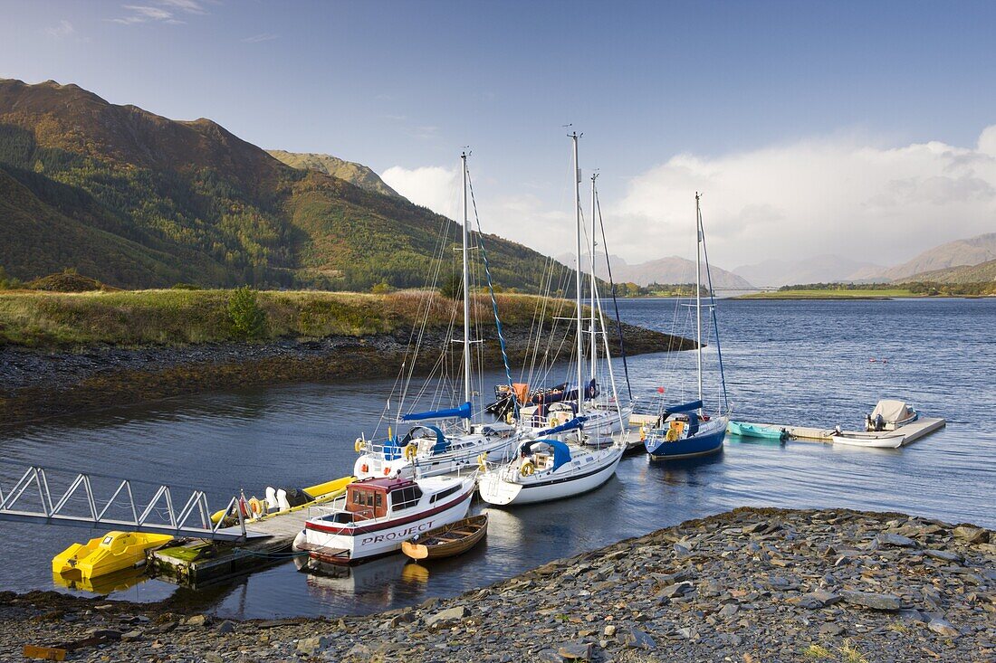 Yachts moored on Loch Linnhe at Ballachulish,  Highlands,  Scotland,  United Kingdom,  Europe
