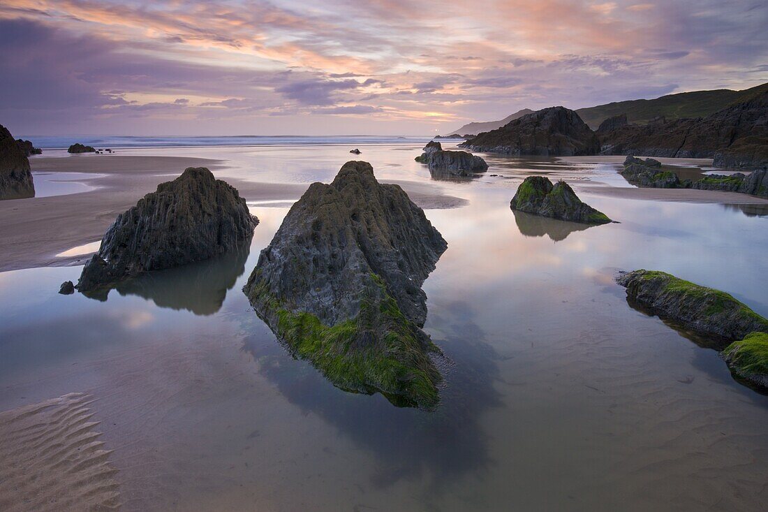 Rockpools exposed at low tide,  Combesgate Beach,  Devon,  England,  United Kingdom,  Europe