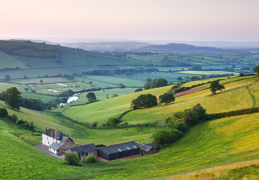 Farm nestled in the Exe valley overlooking the River Exe,  Devon,  England,  United Kingdom,  Europe
