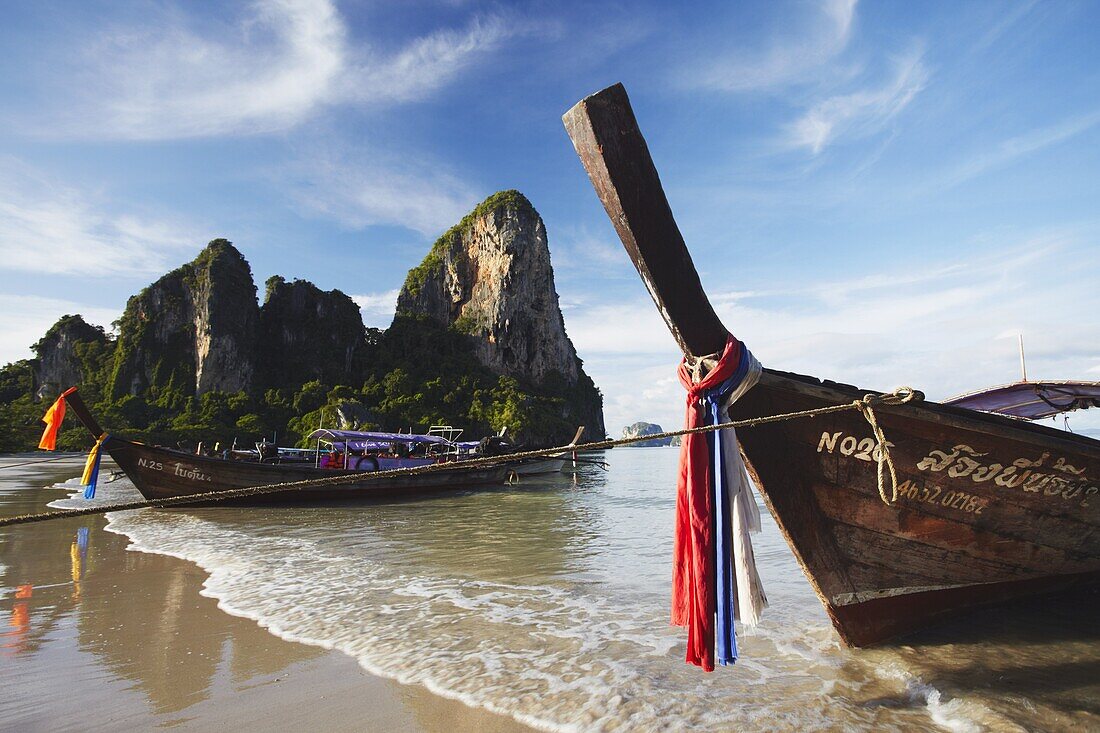 Long tail boats on Hat Rai Leh West Beach,  Railay (Rai Leh),  Krabi Province,  Thailand,  Southeast Asia,  Asia