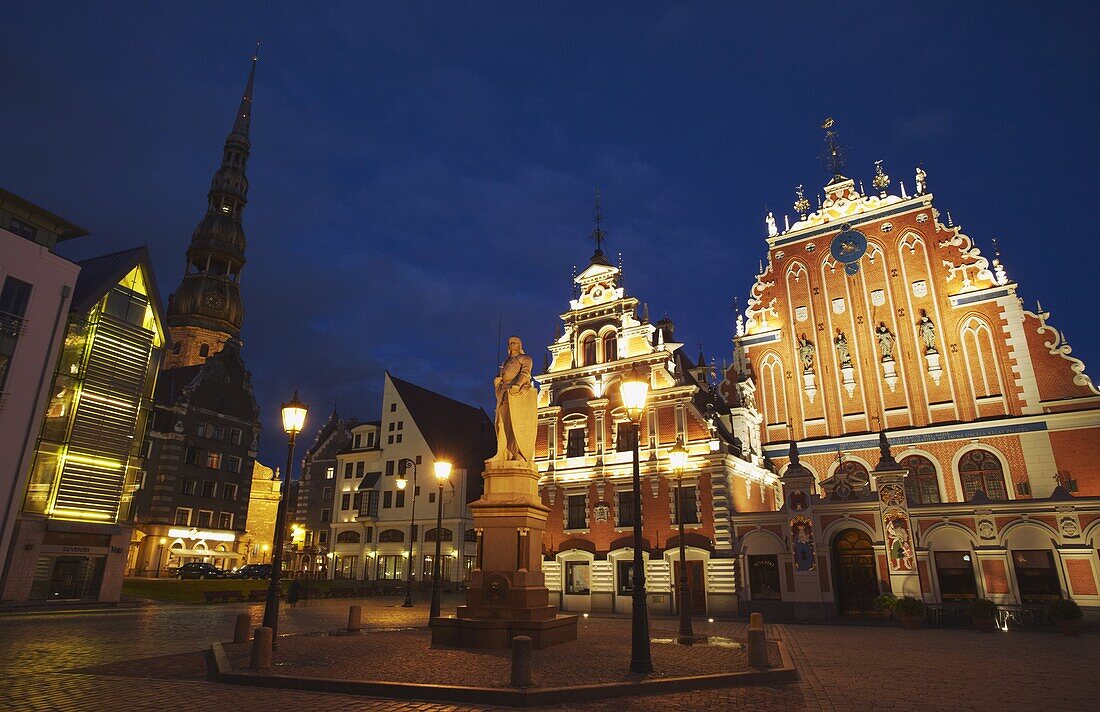 House of Blackheads in Town Hall Square (Ratslaukums) with St. Peter's in background,  Riga,  Latvia,  Baltic States,  Europe