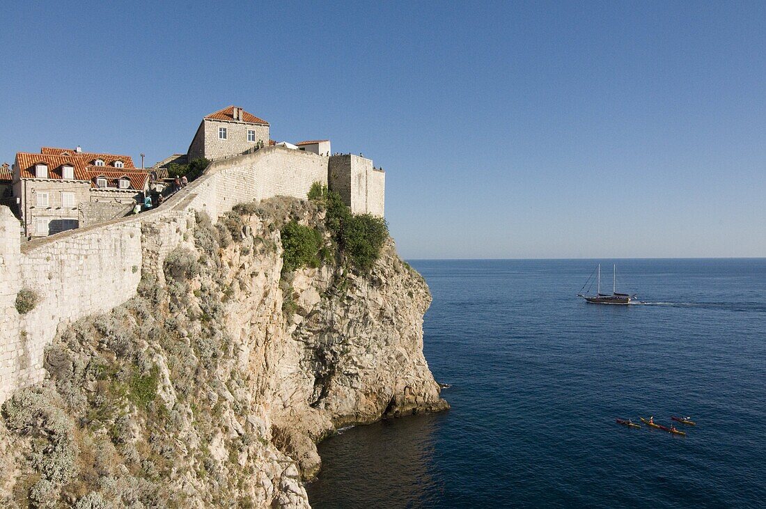 The city wall of Dubrovnik above the Mediterranean Sea,  Croatia,  Europe