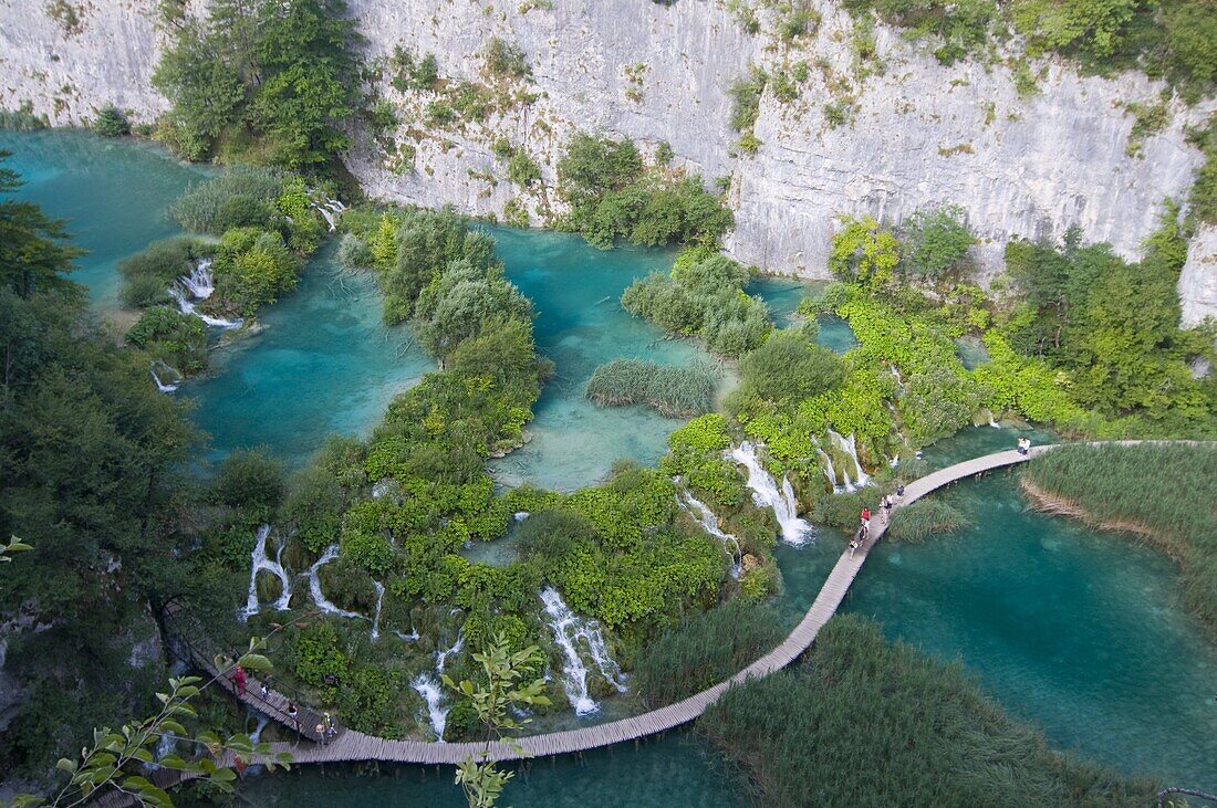 View over a footbridge in the lower Plitvice Lakes National Park,  UNESCO World Heritage Site,  Croatia,  Europe