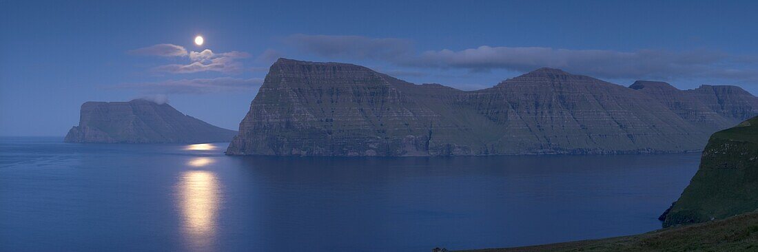 Moonrise on Kunoy and Vidoy headlands across Kalsoyarfjordur, from Kalsoy Island, Nordoyar, Faroe Islands (Faroes), Denmark, Europe