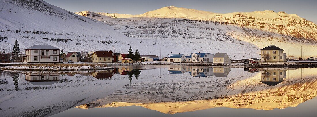Panoramic view of Seydisfjordur and surrounding mountains, East Fjords, Iceland, Polar Regions