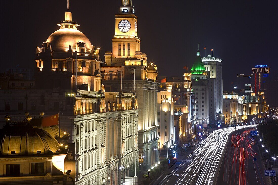 Historic buildings along Shanghai's famous Bund promenade, illuminated at night, Shanghai, China, Asia