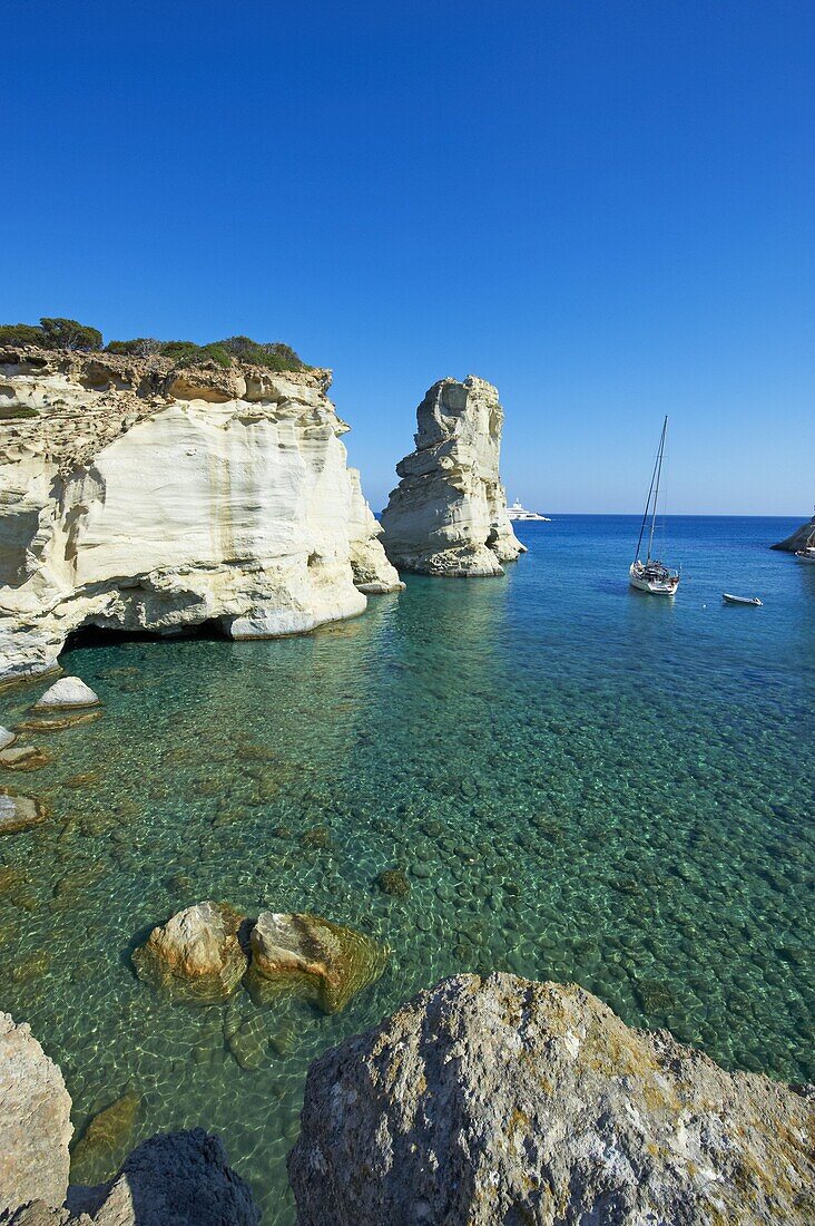 Kleftiko bay, white cliffs of Kleftiko, Milos Island, Cyclades Islands, Greek Islands, Aegean Sea, Greece, Europe