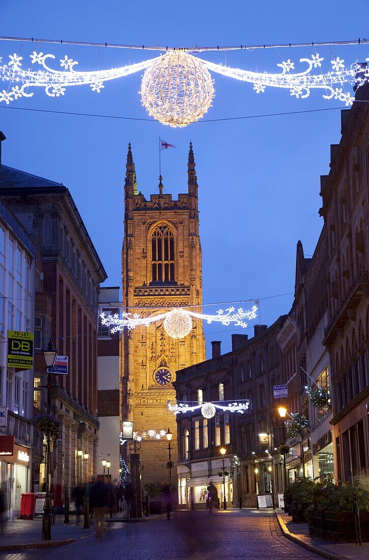 Christmas lights and Cathedral at dusk, Derby, Derbyshire, England, United Kingdom, Europe