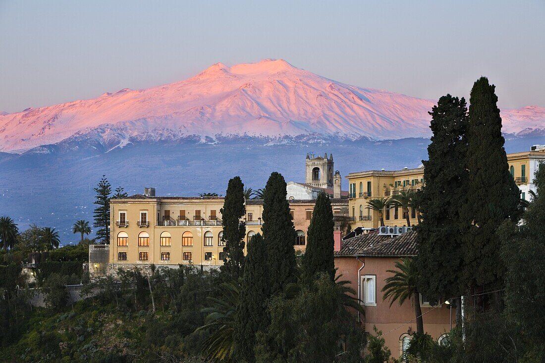 Sunrise over Taormina and Mount Etna with Hotel San Domenico Palace, Taormina, Sicily, Italy, Europe