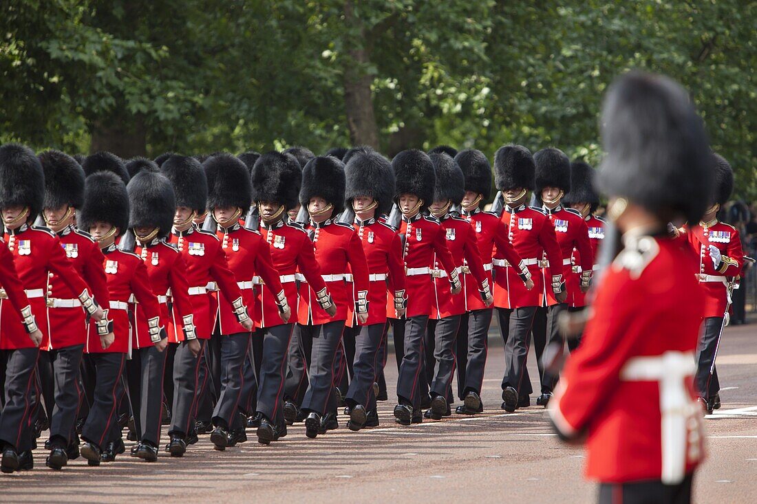 Scots Guards marching along The Mall, Trooping the Colour, London, England, United Kingdom, Europe