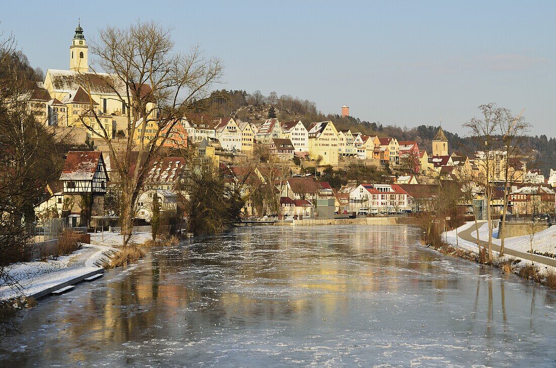 Old town of Horb and the frozen River Neckar, Neckartal (Neckar Valley), Baden-Wurttemberg, Germany, Europe