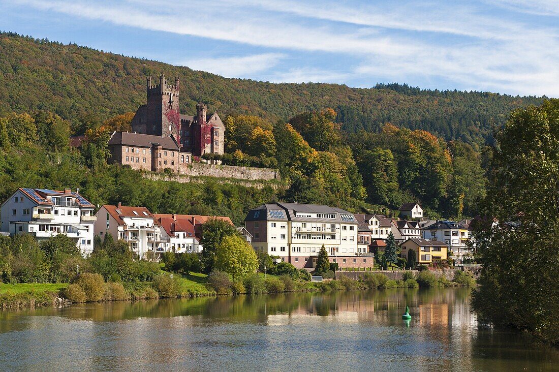 The Mittelburg (Middle Castle) and Neckar River, Neckarsteinach, Hesse, Germany, Europe